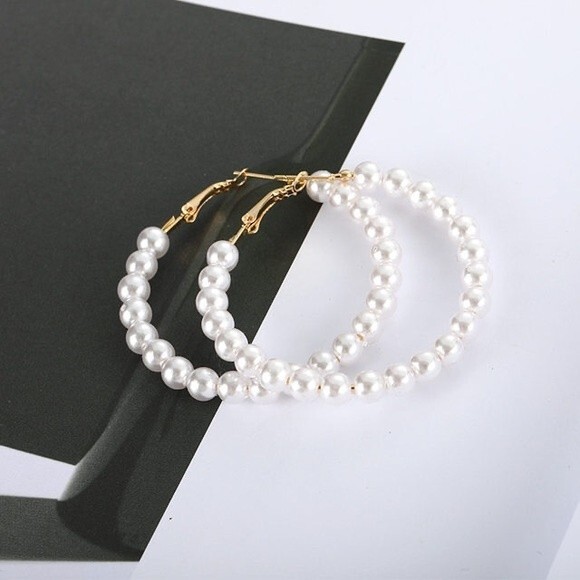 Medium Pearl Hoop Earrings - Picture 2 of 2